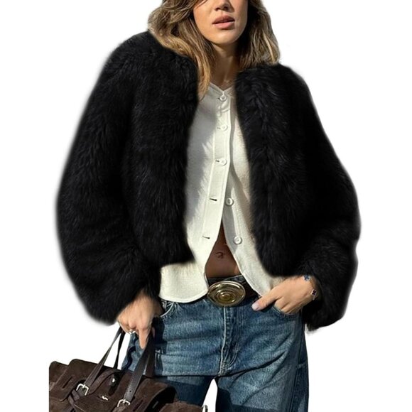 Women's Black Wyeysyt Faux Fur Cropped Coat Fluffy Open Front Warm Winter Jacket - Picture 1 of 8